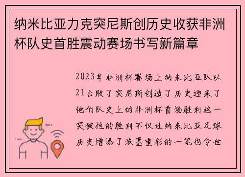 纳米比亚力克突尼斯创历史收获非洲杯队史首胜震动赛场书写新篇章